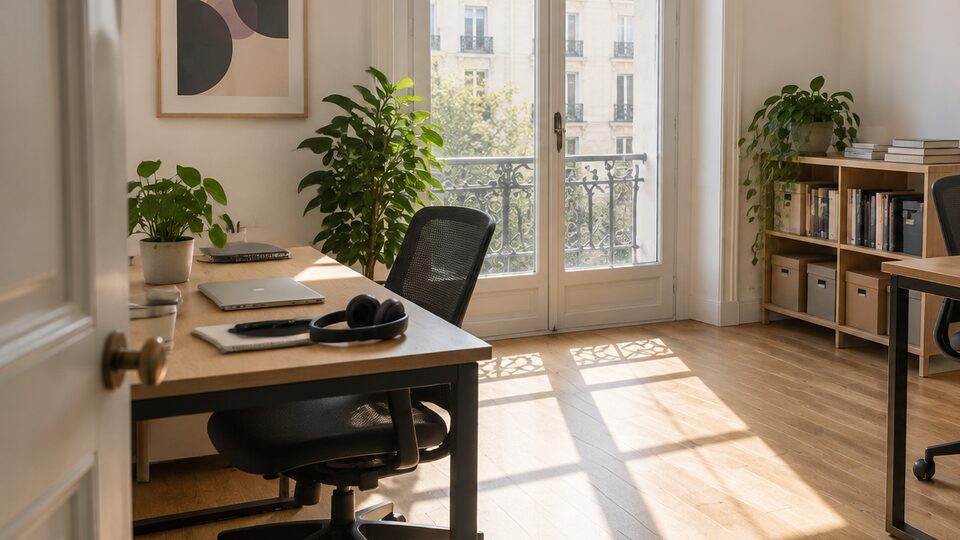Despacho pequeño y luminoso con dos mesas de trabajo, sillas, plantas y un ventanal por el que entra el sol.