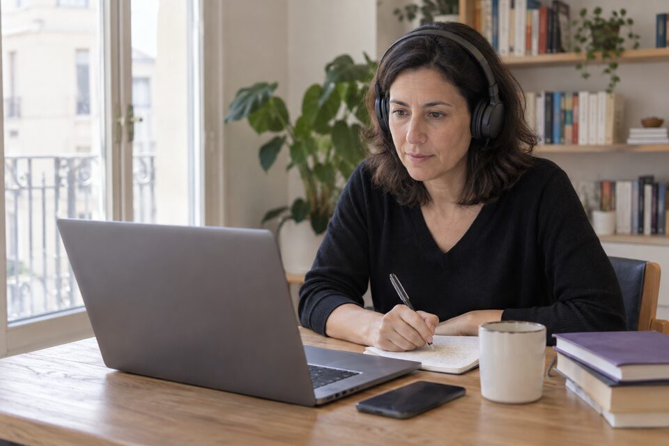 Una mujer sentada a la mesa de su casa, con auriculares puestos, atiende una sesión por videollamada mientras toma notas en un cuaderno.