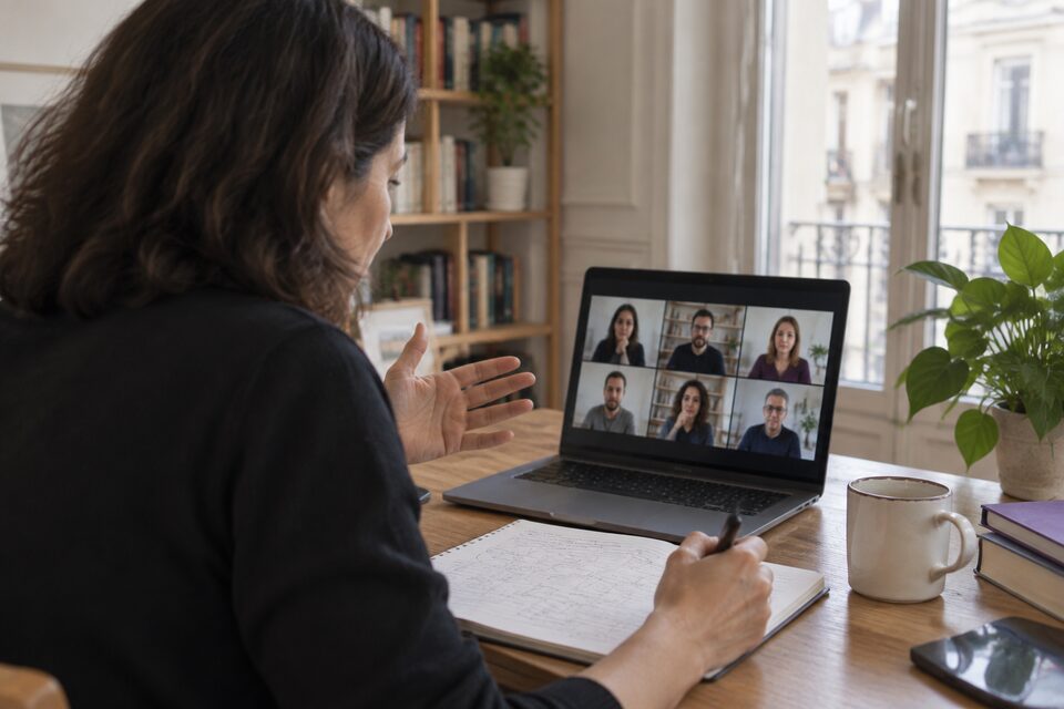 Una persona conduce un taller por videollamada desde su mesa: gesticula mientras habla y en la pantalla del portátil se ve una cuadrícula con seis participantes.
